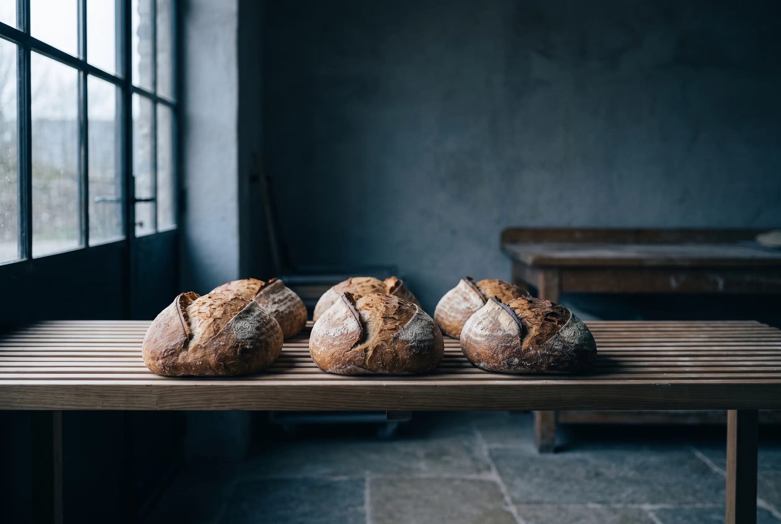 Loaves of plain bread on a rack in a bakery
