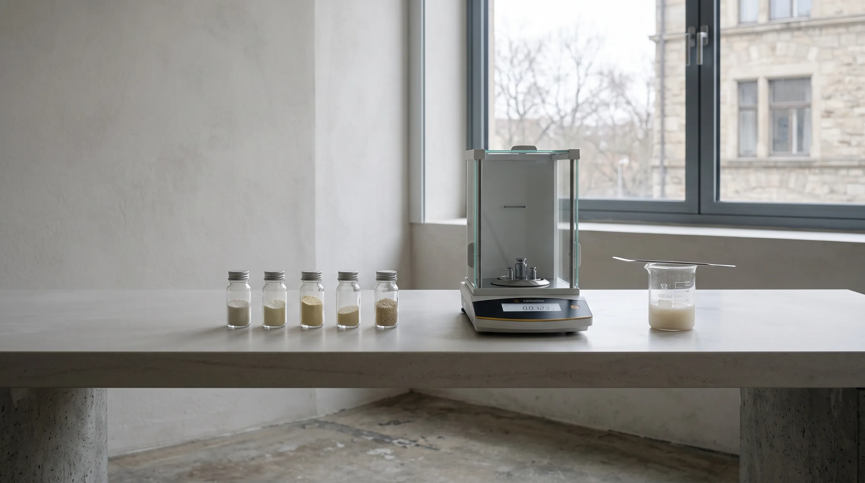 A laboratory bench with vials of powders by a window