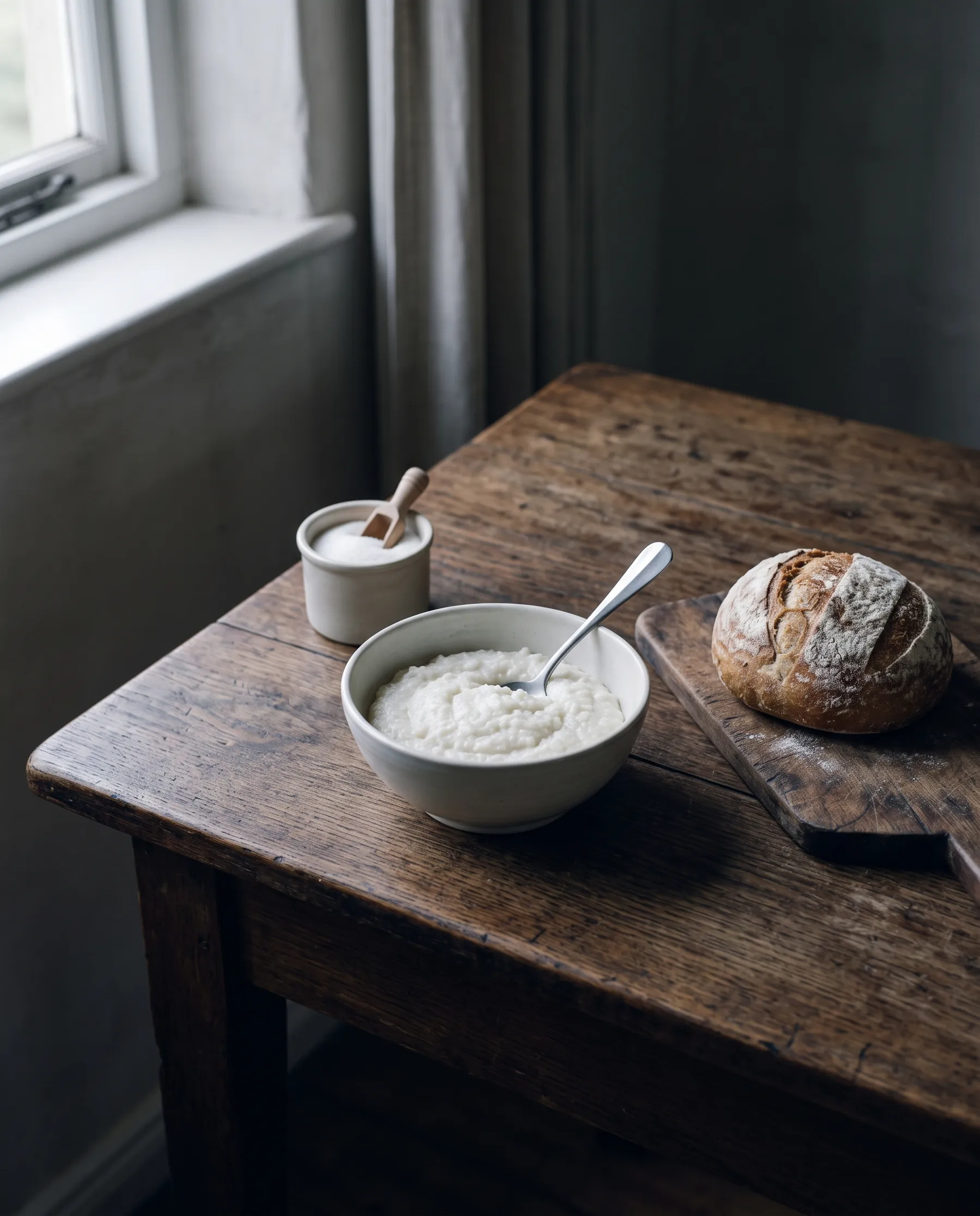 A bowl of maize porridge, a loaf of bread and a bowl of sugar on a wooden table