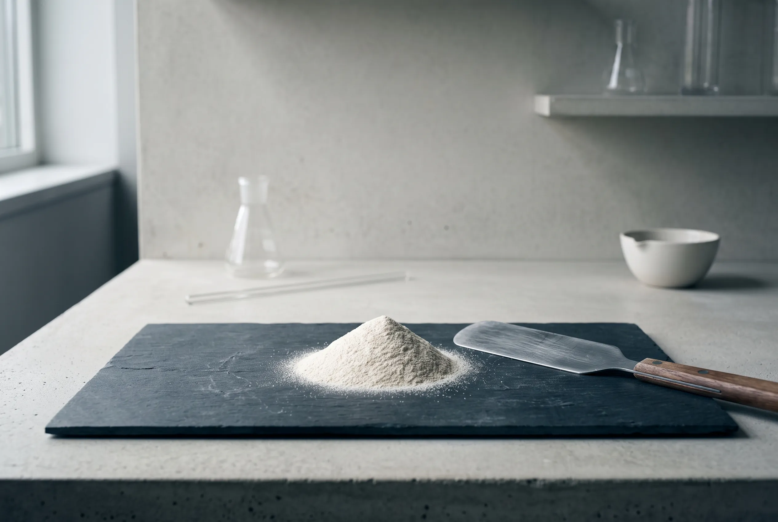 A mound of premix powder on slate with a steel spatula